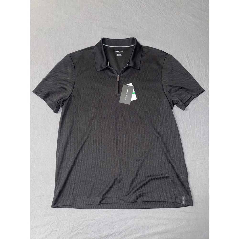 Perry Ellis Mens Black Textured Quarter Zip Polo Shirt Short Sleeve Size Large